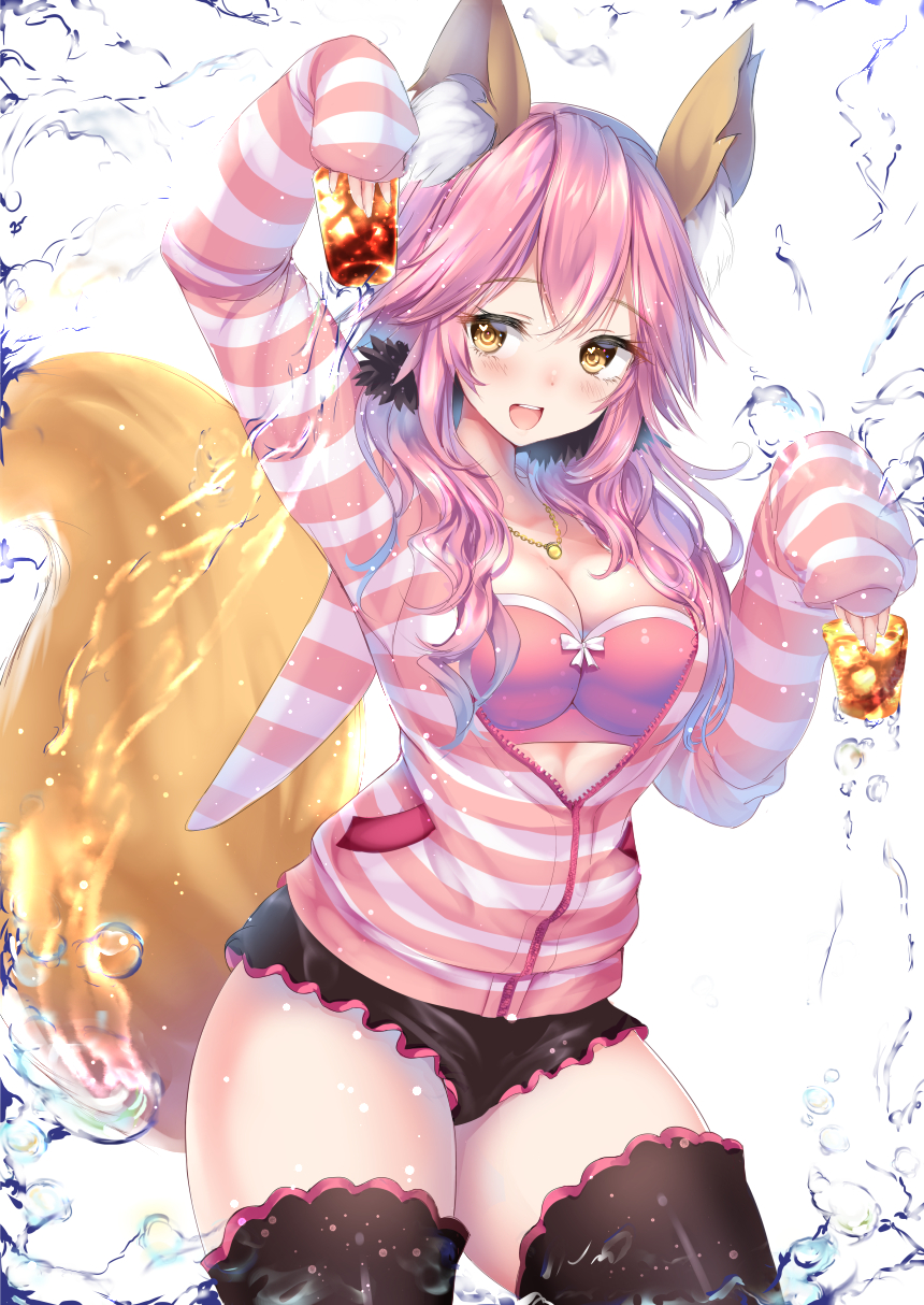 1girl animal_ears black_legwear blush bra breasts cleavage coca-cola fate/extra fate/extra_ccc fate/grand_order fate_(series) fox_ears fox_tail glass gorua_(youce01) heart heart-shaped_pupils highres jewelry large_breasts long_hair looking_at_viewer necklace open_clothes open_mouth open_shirt pink_bra pink_hair shirt simple_background solo symbol-shaped_pupils tail tamamo_(fate)_(all) tamamo_no_mae_(fate) thigh-highs underwear white_background yellow_eyes