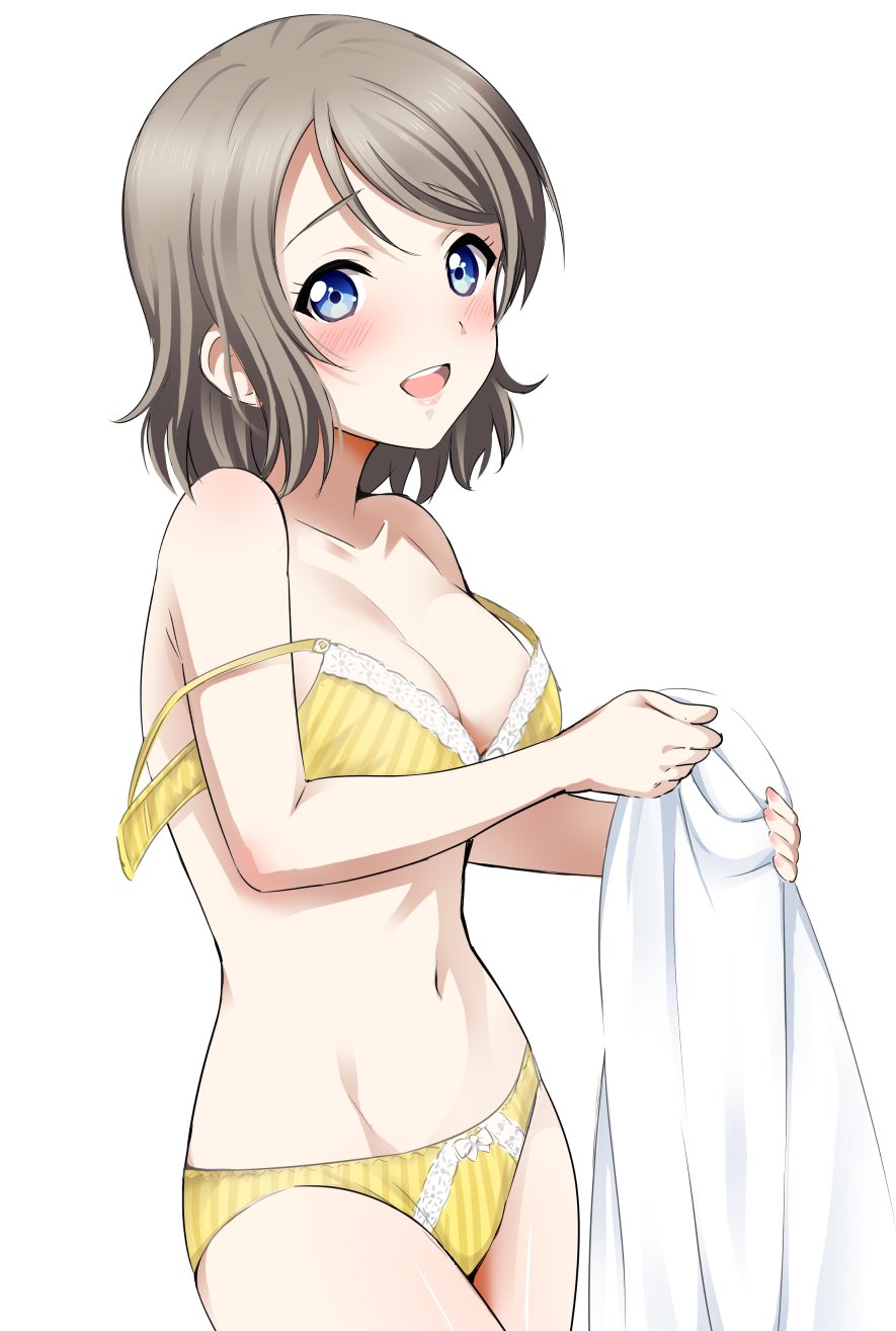 10s 1girl :d bangs bare_shoulders blue_eyes blush bra breasts cleavage cowboy_shot eyebrows_visible_through_hair grey_hair highres large_breasts looking_at_viewer love_live! love_live!_sunshine!! navel open_mouth panties rozen5 short_hair smile standing strap_slip swept_bangs underwear underwear_only unhooked_bra watanabe_you yellow_bra yellow_panties
