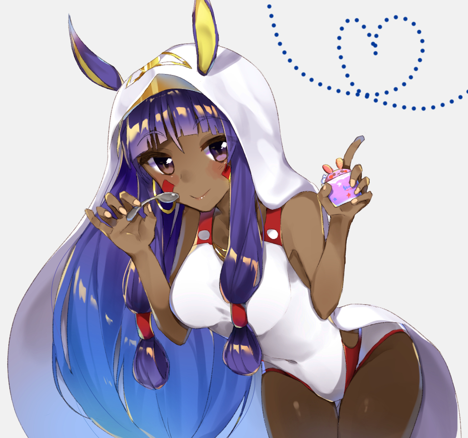 1girl amakaze bending_forward bent_over blush breasts closed_mouth dark_skin eyebrows_visible_through_hair fate/grand_order fate_(series) holding holding_spoon large_breasts long_hair looking_at_viewer nitocris_(fate/grand_order) nitocris_(swimsuit_assassin)_(fate) purple_hair smile solo spoon violet_eyes