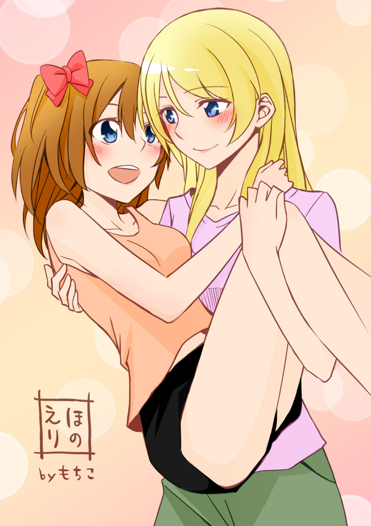 2girls ayase_eli bare_shoulders black_shorts blonde_hair blue_eyes blush brown_hair carrying casual commentary_request gradient gradient_background kousaka_honoka long_hair looking_at_another love_live! love_live!_school_idol_project motiko5103 multiple_girls open_mouth orange_background orange_tank_top pink_background pink_shirt princess_carry shirt short_hair shorts t-shirt tank_top translation_request yuri