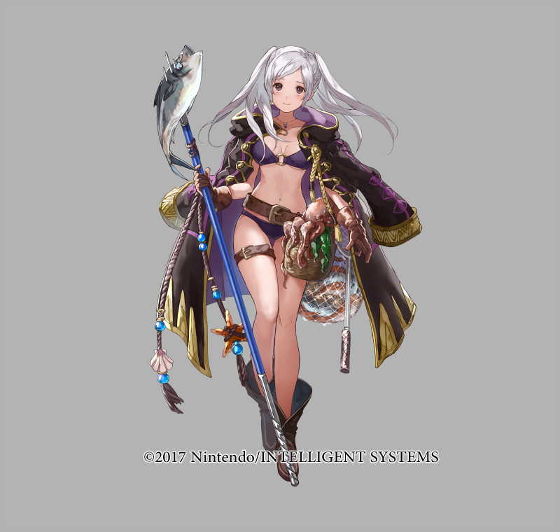 1girl bikini breasts cape female_my_unit_(fire_emblem:_kakusei) fire_emblem fire_emblem:_kakusei fire_emblem_heroes fish gloves hood long_hair looking_at_viewer mayo_(becky2006) my_unit_(fire_emblem:_kakusei) navel polearm smile solo spear swimsuit twintails weapon white_hair