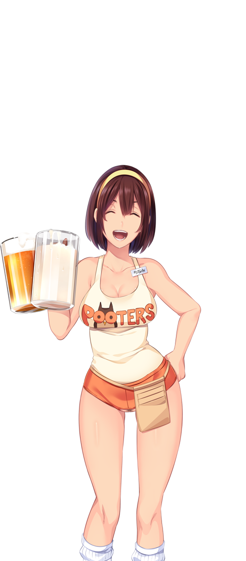 1girl bare_arms bare_shoulders beer_mug breasts brown_hair butcha-u cleavage closed_eyes collarbone cowboy_shot cup drinking_glass eyelashes game_cg hair_between_eyes hairband hand_on_hip hand_up holding holding_drinking_glass holding_glass hooters kenzen!_hentai_seikatsu_no_susume kneehighs large_breasts legs_apart looking_at_viewer maezono_chinami name_tag open_mouth orange_shorts pouch ribbed_legwear short_hair short_shorts shorts sleeveless smile solo standing tank_top teeth transparent_background white_legwear yellow_hairband