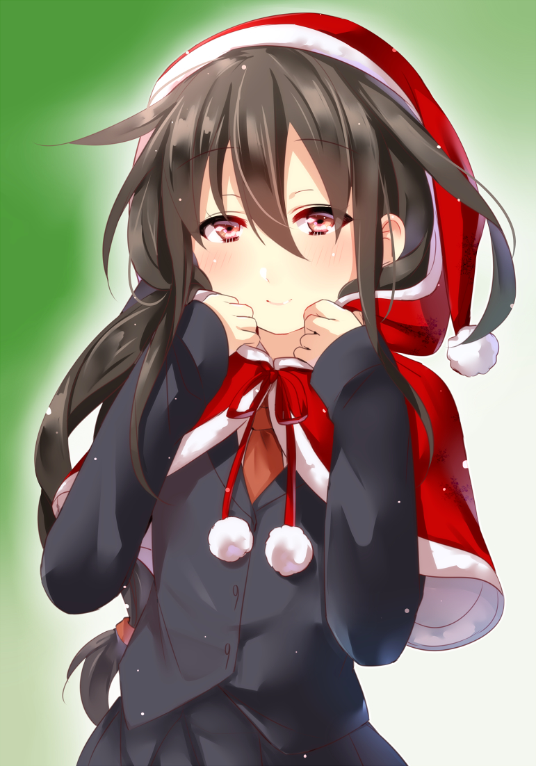 1girl black_hair blazer braid hat hatsushimo_(kantai_collection) hood jacket juurouta kantai_collection long_hair low-tied_long_hair red_eyes santa_hat school_uniform skirt smile solo