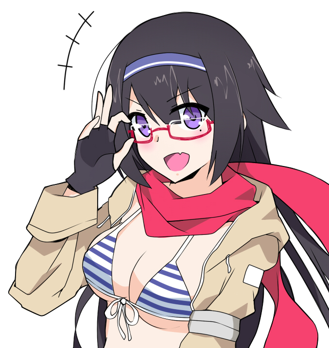 1girl 9a-91_(girls_frontline) 9a-91_(girls_frontline)_(cosplay) adjusting_glasses bespectacled bikini_top black_hair cosplay fingerless_gloves front-tie_top girls_frontline glasses gloves hairband jacket long_hair looking_at_viewer mole mole_under_eye red_scarf scarf simple_background smile solo super_sass_(girls_frontline) vanna violet_eyes