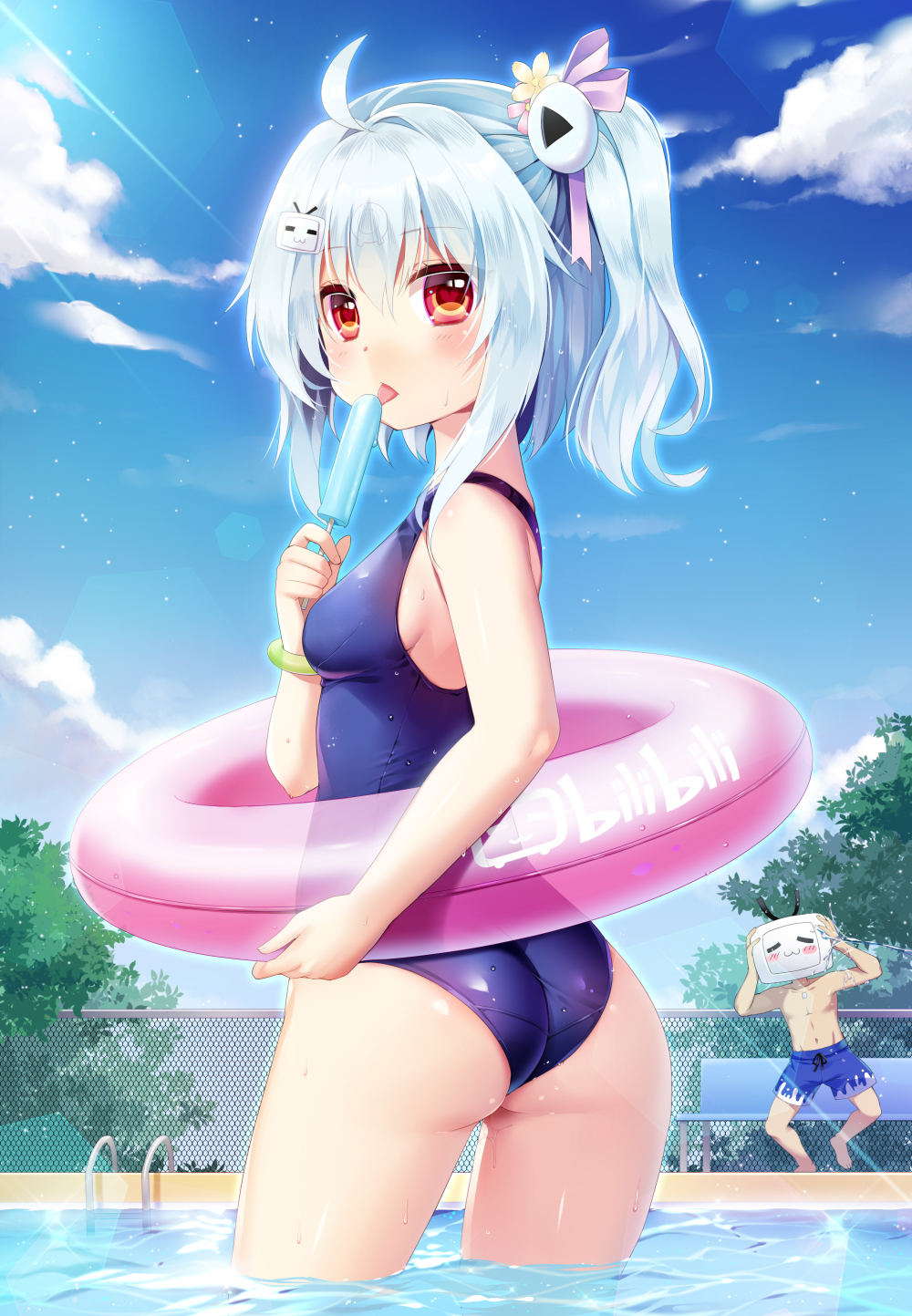 1boy 1girl ahoge aqua_hair ass bangs bili_girl_33 bilibili_douga blue_sky blue_swimsuit blush clouds day eyebrows_visible_through_hair flower food from_behind hair_flower hair_ornament hair_ribbon hairclip highres innertube long_hair looking_at_viewer looking_back mvv one-piece_swimsuit open_mouth outdoors partially_submerged pool popsicle red_eyes ribbon side_ponytail sky solo_focus standing swimsuit tongue tongue_out water wet