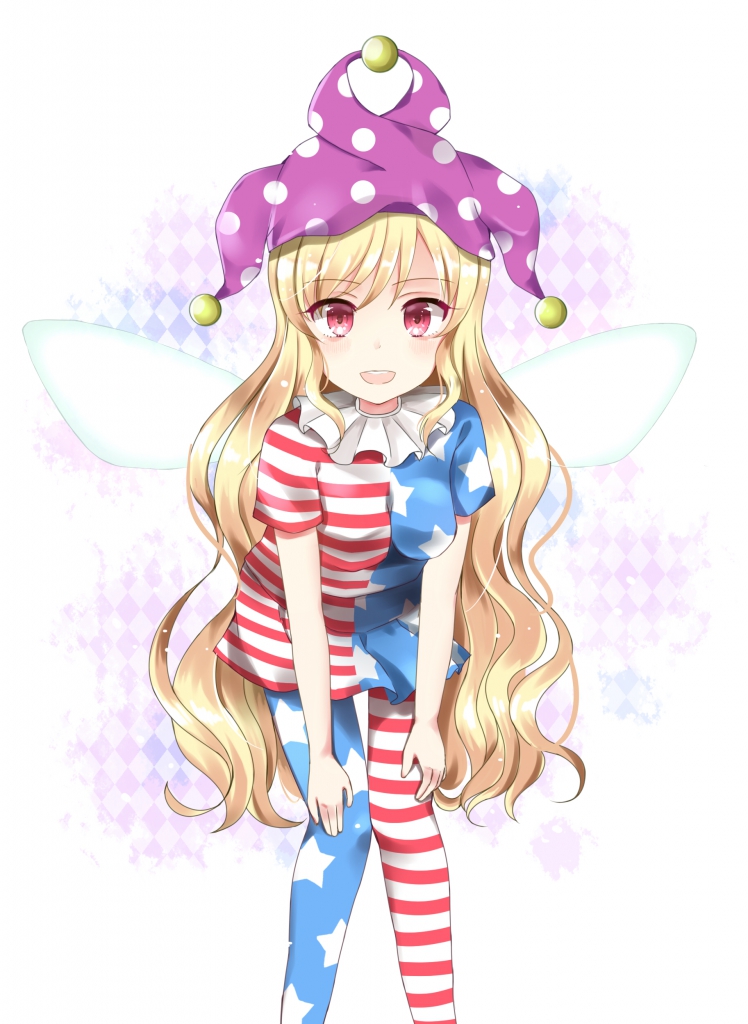 1girl :d american_flag_dress american_flag_legwear argyle argyle_background asymmetrical_clothes asymmetrical_legwear bangs blonde_hair blush breasts clownpiece commentary_request eyebrows_visible_through_hair fairy_wings hands_on_own_knees hat jester_cap leaning_forward long_hair looking_at_viewer neck_ruff open_mouth pantyhose pink_eyes polka_dot_hat purple_hat short_sleeves sidelocks small_breasts smile solo touhou very_long_hair walnut_(mottimoti) wings