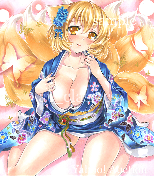 1girl alternate_costume animal_ears artist_name at_classics bangs bare_legs blonde_hair blue_kimono blush breasts butterfly cleavage closed_mouth eyebrows_visible_through_hair floral_print flower fox_ears fox_tail hair_between_eyes hair_flower hair_ornament japanese_clothes kimono large_breasts long_sleeves looking_at_viewer multiple_tails no_shoes obi print_kimono sample sash short_hair sitting smile socks solo tail touhou traditional_media wariza watermark white_legwear yakumo_ran yellow_eyes
