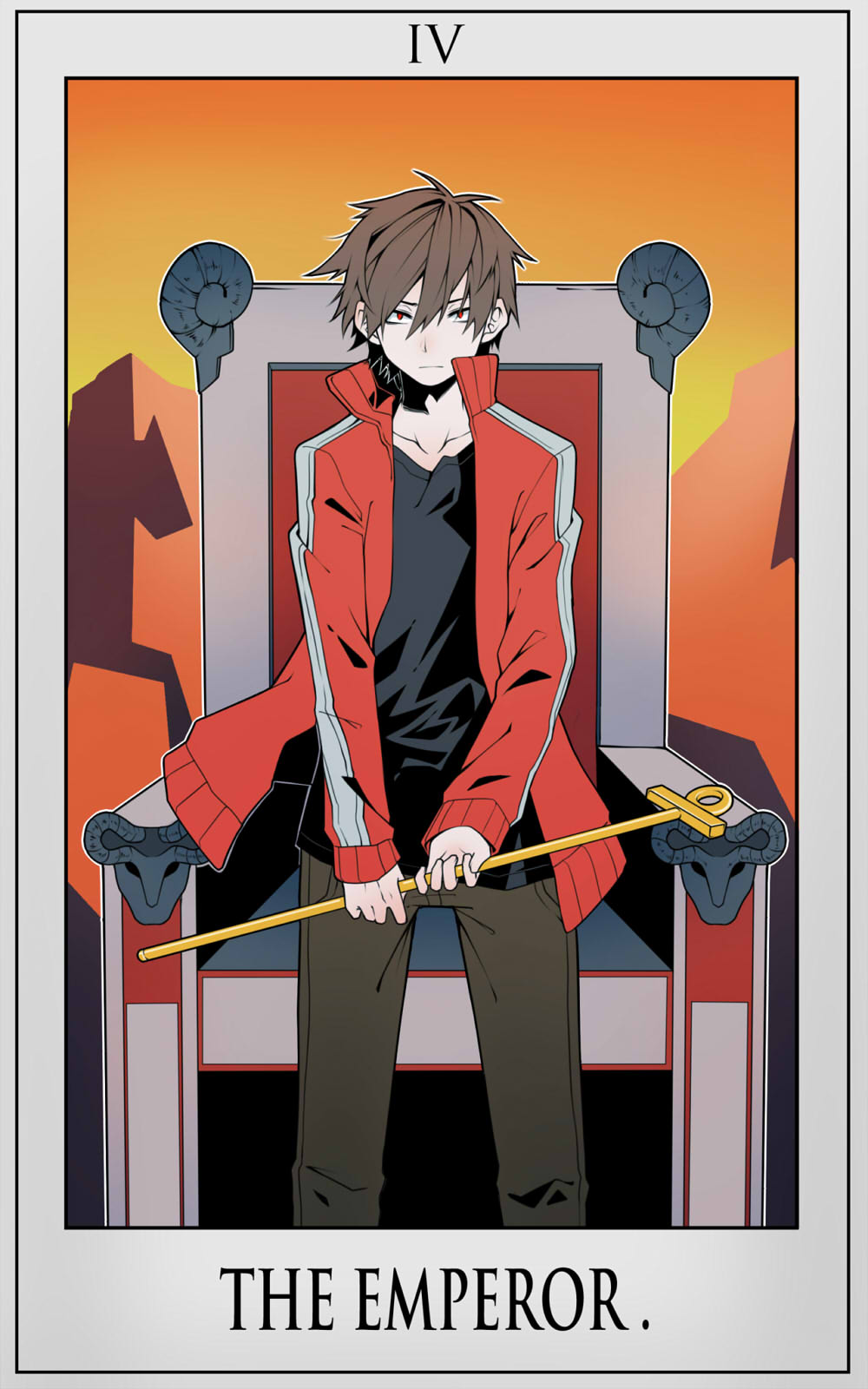 1boy brown_hair collarbone commentary highres horns jacket kagerou_project kisaragi_shintarou male_focus mazumaro red_jacket redhead roman_numerals scepter sheep_horns solo standing tarot text the_emperor throne track_jacket