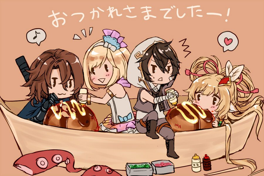 ayer chabo213 chibi djeeta_(granblue_fantasy) food granblue_fantasy makira_(granblue_fantasy) mayonaise siegfried_(granblue_fantasy) superstar_(granblue_fantasy) takoyaki tentacle