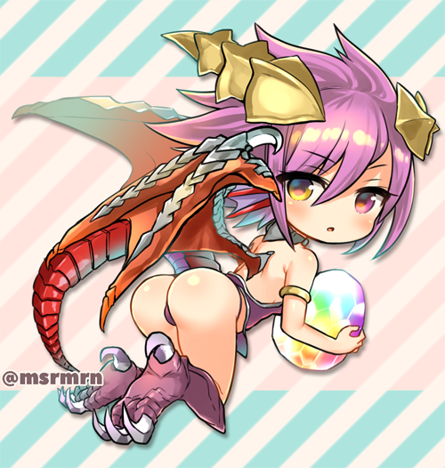 1girl :o armlet armor ass bare_shoulders blush claws commentary_request detached_collar dragon_girl dragon_horns dragon_tail dragon_wings full_body heterochromia holding horns looking_at_viewer looking_back marshmallow_mille parted_lips purple_hair puzzle_&amp;_dragons scales solo sonia_(p&amp;d) tail twitter_username violet_eyes wings yellow_eyes
