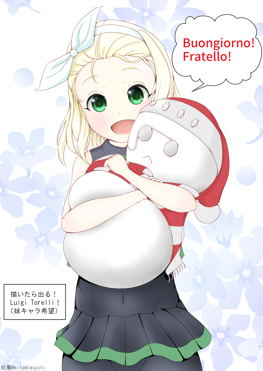 :&lt; blonde_hair green_eyes hat headband highres italian kantai_collection looking_at_viewer luigi_torelli_(kantai_collection) open_mouth roma_(kantai_collection) santa_hat snowman solo the_roma-like_snowman translation_request