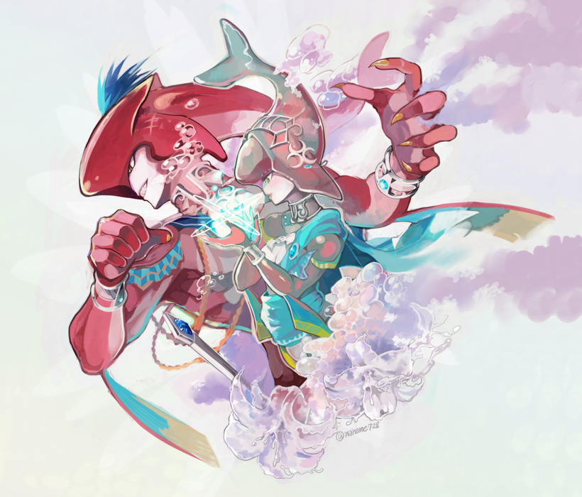 1boy fins fish_girl fishman gills hair_ornament jewelry long_hair mipha monster_boy monster_girl multicolored multicolored_skin muscle no_eyebrows pointy_ears ponytail red_skin sharp_teeth sidon smile teeth the_legend_of_zelda the_legend_of_zelda:_breath_of_the_wild yellow_eyes zora