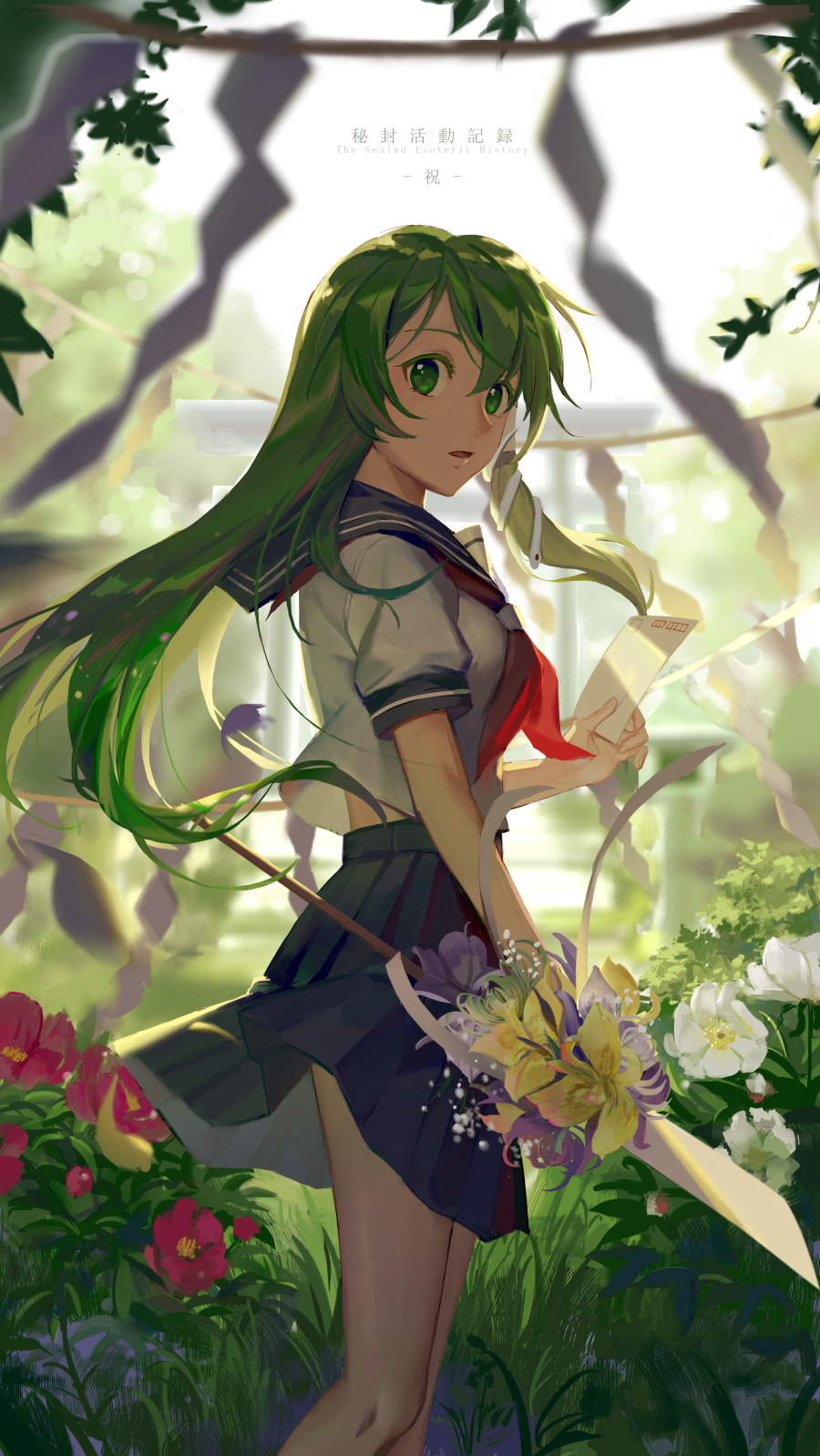 1girl alternate_costume blue_skirt flower gohei grass green_eyes green_hair hair_ornament highres karaori kochiya_sanae long_hair looking_at_viewer open_mouth pleated_skirt school_uniform serafuku short_sleeves skirt snake_hair_ornament solo standing touhou