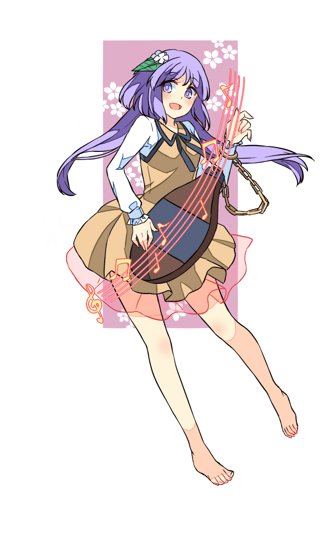 1girl :d bangs bare_legs barefoot beamed_quavers biwa_lute blush chains crotchet dress eyebrows_visible_through_hair full_body hair_ornament haya_taro_pochi instrument leaf_hair_ornament long_hair long_sleeves looking_at_viewer lute_(instrument) music musical_note open_mouth playing_instrument purple_hair quaver smile solo staff_(music) touhou treble_clef tsukumo_benben violet_eyes yellow_dress