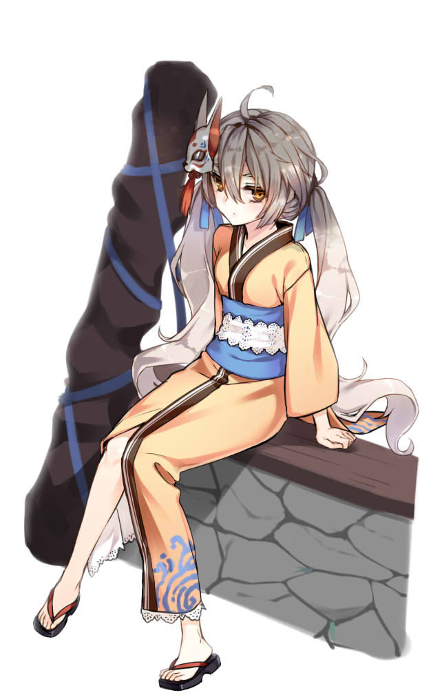 1girl ahoge bangs brown_eyes closed_mouth expressionless fox_mask girls_frontline grey_hair hair_between_eyes japanese_clothes kimono kuro_(kuronell) long_hair looking_at_viewer mask obi pkp_(girls_frontline) sandals sash silver_hair simple_background sitting solo tsurime twintails very_long_hair weapon_bag white_background yellow_kimono yukata