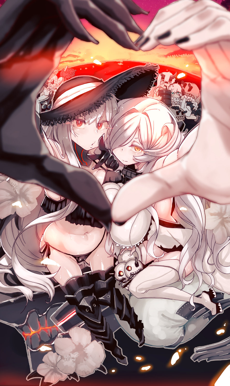 5girls aircraft_carrier_summer_oni bad_perspective black_hat black_nails blue_eyes breasts foreshortening french_battleship_hime gauntlets glasses hair_over_one_eye hat headphones heart heart_hands heavy_cruiser_summer_hime highres horns huge_breasts kantai_collection long_hair multiple_girls nail_polish red_eyes seaport_summer_hime shimetta_seiya shinkaisei-kan short_hair supply_depot_summer_hime thigh-highs white_hair white_legwear