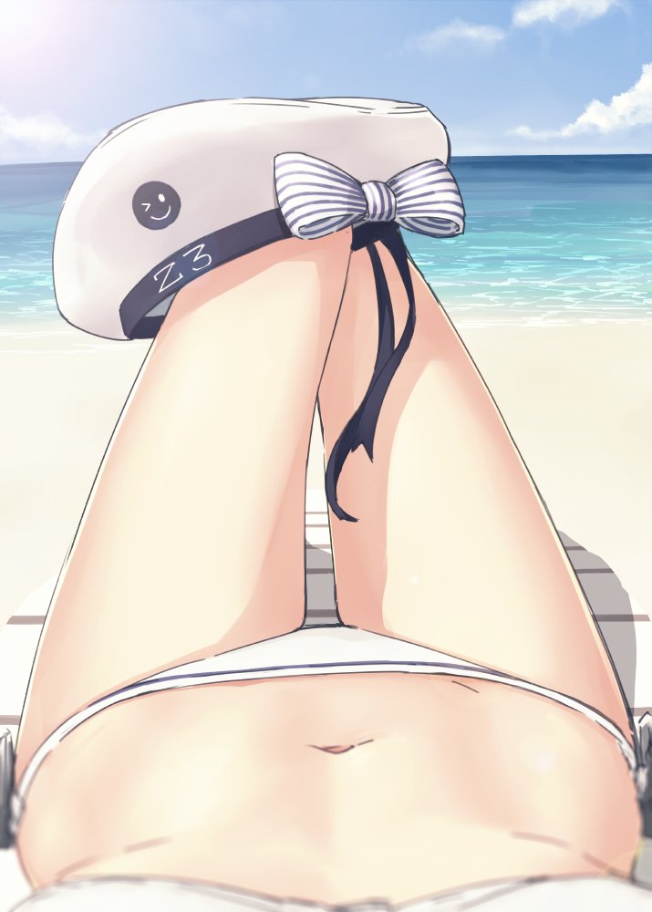 1girl beach bikini blue_sky blurry bow clothes_writing clouds commentary day depth_of_field female_pov hat head_out_of_frame horizon kantai_collection lying military_hat navel ocean outdoors peaked_cap pov sailor_hat sand sky solo striped striped_bow suke_(momijigari) swimsuit thigh_gap water white_bikini white_hat z3_max_schultz_(kantai_collection)