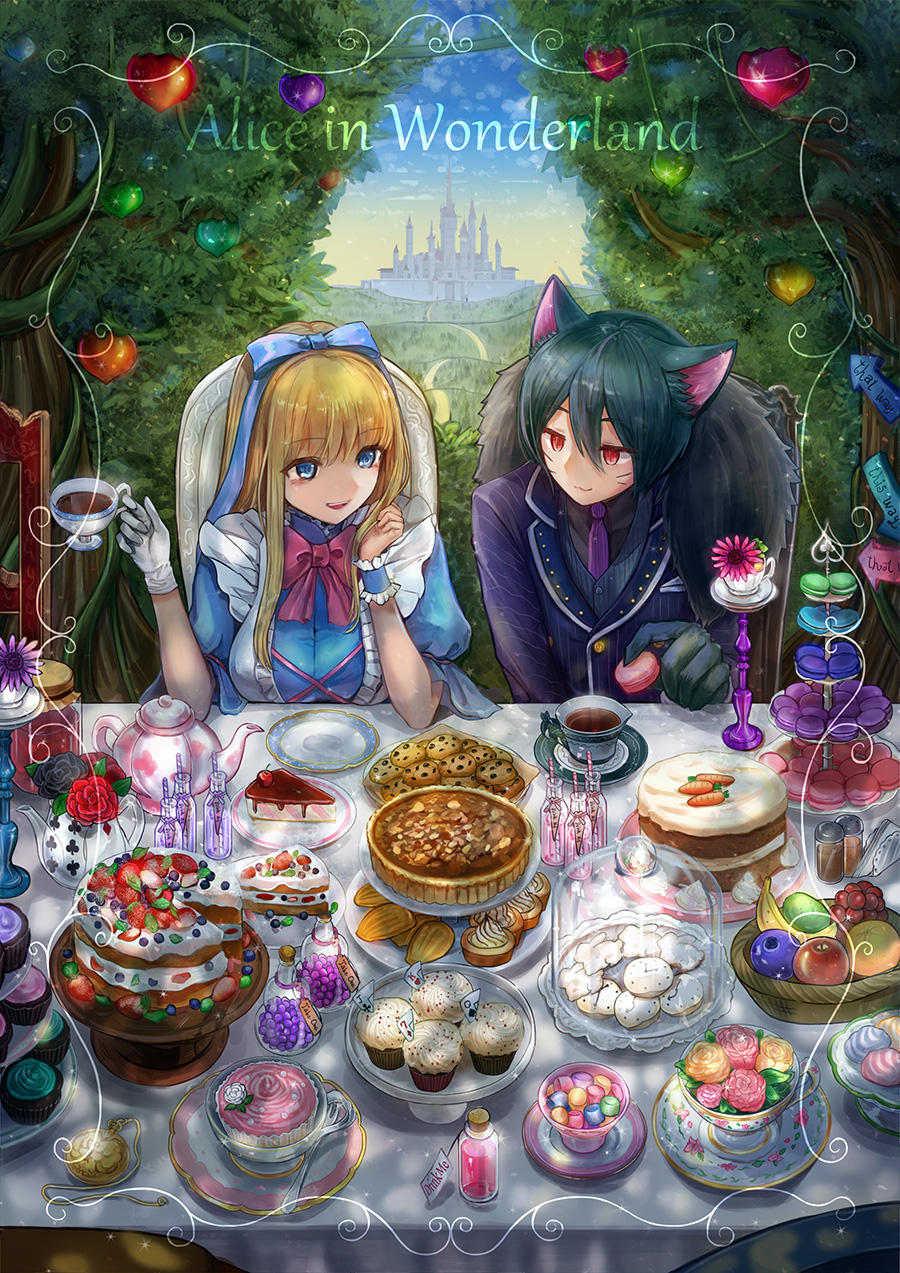 1boy 1girl alice_(wonderland) alice_in_wonderland animal_ears black_hair blonde_hair blue_bow blue_eyes bow breasts cat_ears chair cheshire_cat chocolate_chip_cookie copyright_name cup food gloves highres holding holding_cup large_breasts long_hair plate seungju_lee sitting table tea teacup teapot white_gloves