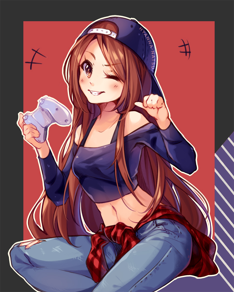 &gt;;d +++ 1girl ;d backwards_hat bare_shoulders baseball_cap blush borrowed_character breasts brown_eyes brown_hair checkered clothes_around_waist collarbone controller denim eyebrows_visible_through_hair game_controller grin hat holding hyanna-natsu invisible_chair jeans long_hair long_sleeves looking_at_viewer multicolored multicolored_background navel off-shoulder_shirt one_eye_closed open_mouth original outline pants pointing pointing_at_self purple_hat purple_shirt shirt sitting small_breasts smile solo stomach teeth torn_clothes torn_jeans very_long_hair white_outline