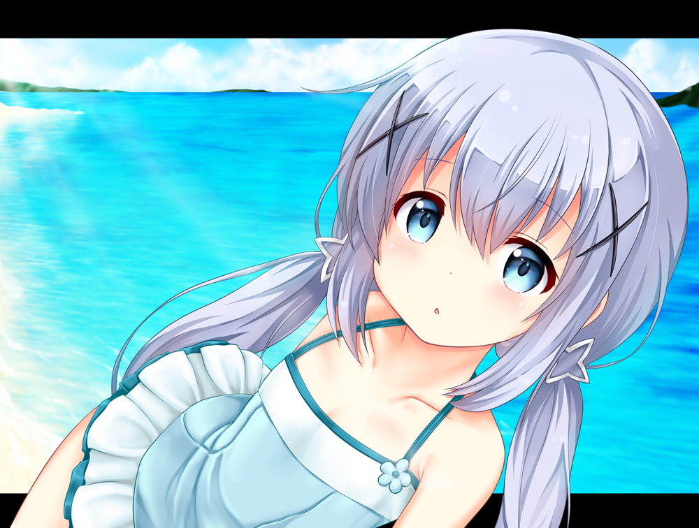 1girl aoi_kanan bangs bare_shoulders blue_eyes blue_hair blue_sky blue_swimsuit blush casual_one-piece_swimsuit chestnut_mouth clouds cloudy_sky collarbone commentary_request day eyebrows_visible_through_hair flower frilled_swimsuit frills gochuumon_wa_usagi_desu_ka? hair_between_eyes hair_ornament halterneck horizon kafuu_chino long_hair looking_at_viewer low_twintails ocean one-piece_swimsuit outdoors parted_lips sidelocks sky solo star star_hair_ornament swimsuit tareme twintails