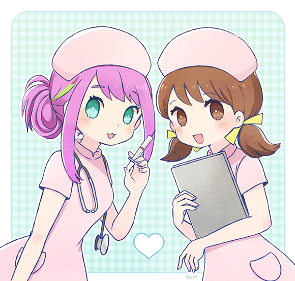 2girls :3 alternate_hairstyle aqua_eyes ayu_(mog) brown_eyes brown_hair clipboard green_hair hair_bun hair_ribbon hashimoto_nyaa hat heart multicolored_hair multiple_girls nurse nurse_cap open_mouth osomatsu-san pink_hair ribbon sidelocks smile stethoscope syringe twintails two-tone_hair yowai_totoko