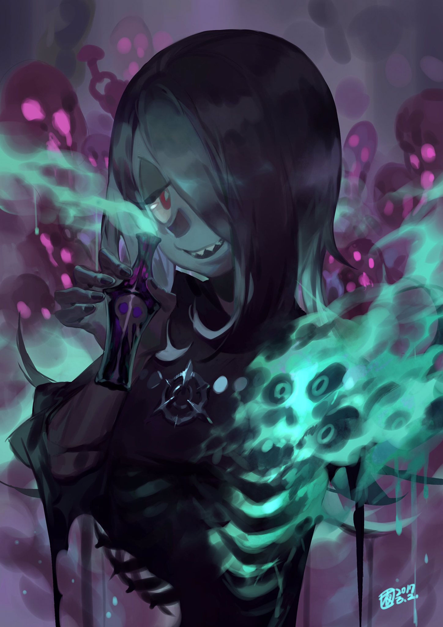 1girl dress hair_over_one_eye hat highres little_witch_academia long_hair looking_at_viewer open_mouth pale_skin pink_hair purple_hair red_eyes sharp_teeth simple_background smile solo sucy_manbavaran teeth witch witch_hat yotsuyu