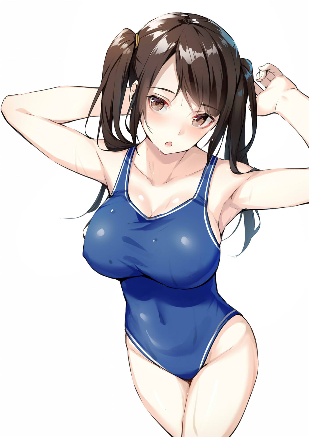 1girl :o alexmaster arms_up bangs blue_swimsuit blush breasts brown_eyes brown_hair collarbone covered_navel cowboy_shot eyebrows_visible_through_hair fang highres large_breasts long_hair looking_at_viewer one-piece_swimsuit open_mouth original sidelocks simple_background solo swimsuit tsurime twintails wet white_background