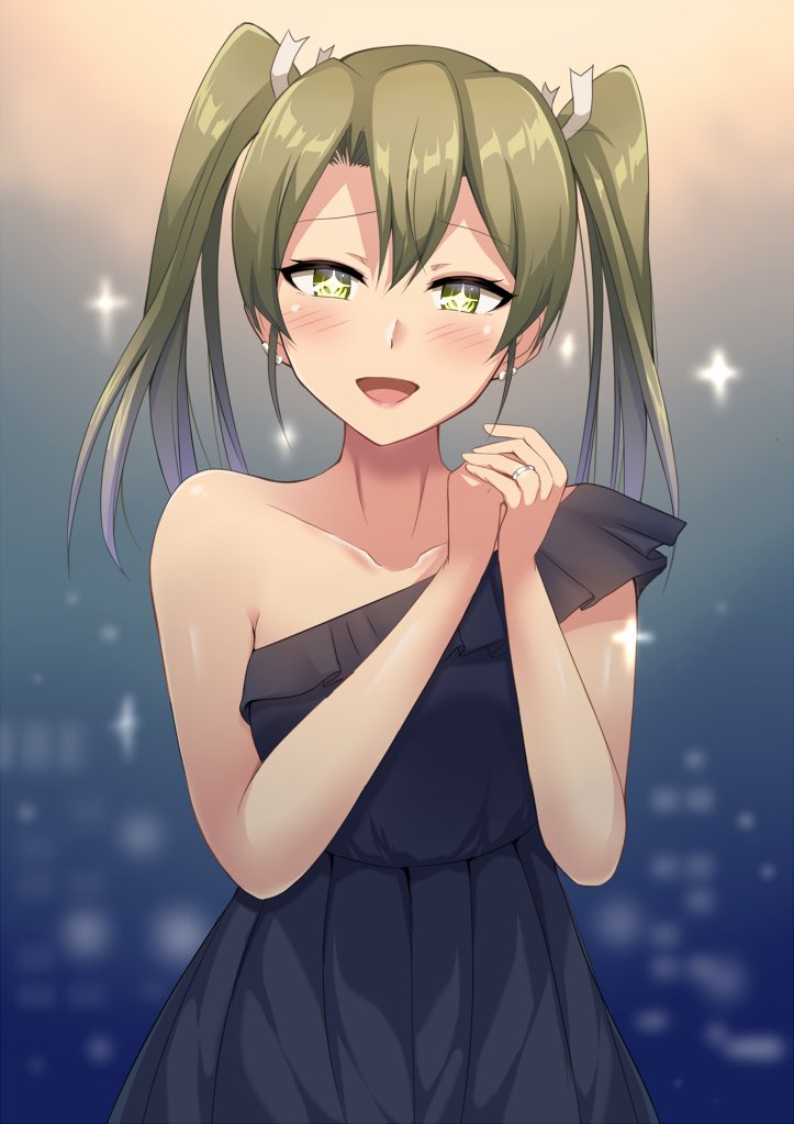 1girl :d alternate_costume arm bare_arms bare_shoulders black_dress blush collarbone commentary depth_of_field dress earrings female formal frilled_dress frills gradient gradient_background green_eyes green_hair hair_between_eyes hair_ribbon hands hands_together hands_up happy highres jewelry kantai_collection lips long_hair looking_at_viewer neck ohiya open_mouth pleated_dress ribbon ring sleeveless sleeveless_dress smile solo standing star star-shaped_pupils symbol-shaped_pupils twintails white_ribbon zuikaku_(kantai_collection)