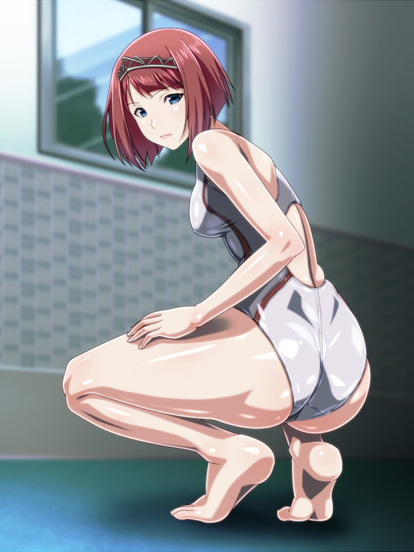 1girl ark_royal_(kantai_collection) ass bangs barefoot blue_eyes blunt_bangs bob_cut competition_swimsuit from_behind hairband kantai_collection looking_at_viewer looking_back monteriakitto one-piece_swimsuit redhead short_hair solo squatting swimsuit tiara white_swimsuit