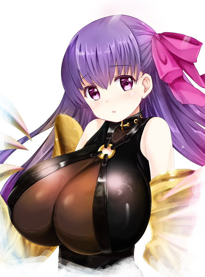 1girl aoi_kanan bangs blush breasts claws cleavage cropped_torso eyebrows_visible_through_hair fate/extra fate/extra_ccc fate/grand_order fate_(series) hair_between_eyes hair_ribbon huge_breasts impossible_clothes long_hair looking_at_viewer o-ring_top parted_lips passion_lip purple_hair purple_ribbon ribbon simple_background solo tareme upper_body very_long_hair white_background