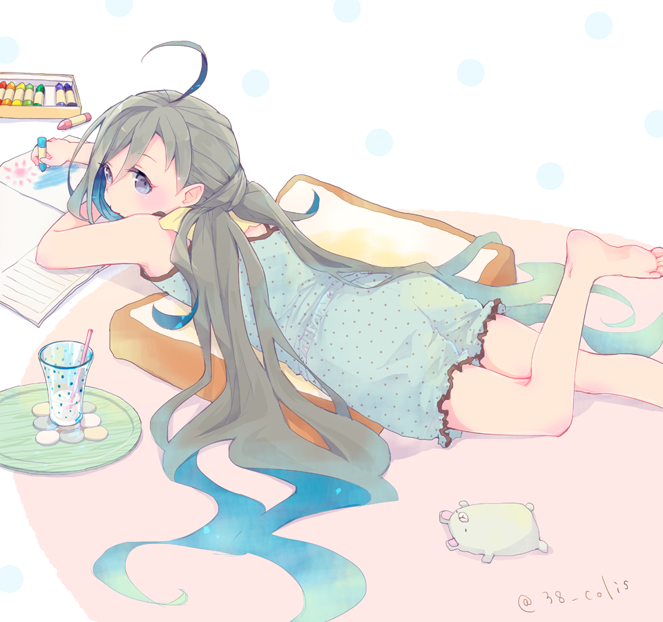 1girl ahoge alternate_costume barefoot blue_dress blue_hair child_drawing coaster colis commentary_request crayon cup cushion dress drinking_glass drinking_straw gradient_hair grey_eyes grey_hair hair_between_eyes kantai_collection kiyoshimo_(kantai_collection) long_hair looking_at_viewer low_twintails lying multicolored_hair on_stomach paper polka_dot polka_dot_dress sleeveless sleeveless_dress solo stuffed_animal stuffed_toy tray twintails twitter_username very_long_hair