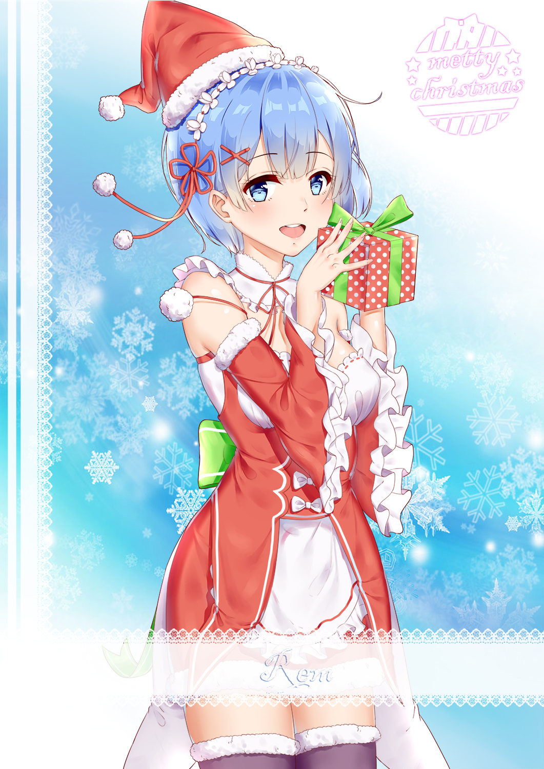1girl adapted_costume alternate_costume apron blue_background blue_eyes blue_hair blush bow box breasts character_name christmas cleavage collar cowboy_shot detached_collar detached_sleeves dress elleco_(bcf159) eyebrows_visible_through_hair fingernails frilled_apron frilled_collar frilled_sleeves frills fur-trimmed_legwear fur-trimmed_sleeves fur_hat fur_trim gift gift_box gradient gradient_background green_bow hair_between_eyes hair_ornament hair_ribbon hat highres holding holding_gift looking_at_viewer maid maid_apron maid_headdress medium_breasts merry_christmas mini_hat multicolored_eyelashes open_mouth purple_legwear re:zero_kara_hajimeru_isekai_seikatsu red_dress red_hat red_ribbon rem_(re:zero) ribbon ribbon-trimmed_clothes ribbon_trim santa_costume santa_hat shiny shiny_hair shiny_skin short_hair simple_background smile snowflakes solo teeth thigh-highs upper_teeth white_background x_hair_ornament