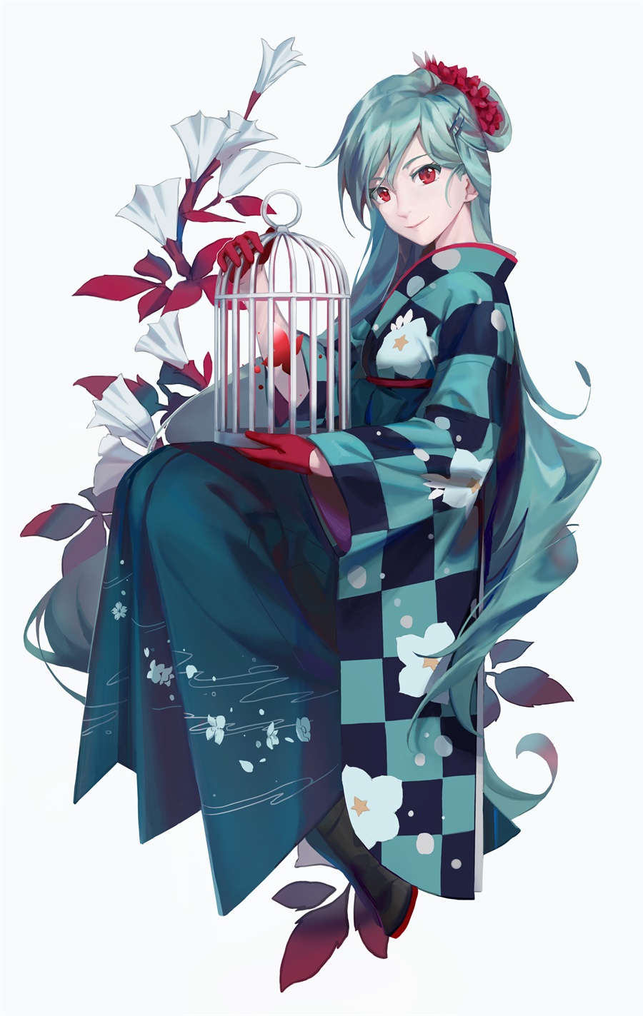 2girls aqua_hair artist_name bangs birdcage blue_background boots cage checkered checkered_kimono closed_eyes closed_mouth floral_print flower full_body hair_between_eyes hair_flower hair_ornament hairclip hakama highres holding japanese_clothes karaori kazami_yuuka kimono leaf long_hair long_sleeves looking_at_viewer meiji_schoolgirl_uniform multiple_girls open_mouth print_kimono red_eyes simple_background sitting smile touhou translation_request very_long_hair wide_sleeves