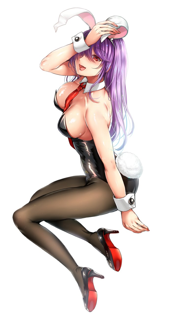 1girl animal_ears bare_arms bare_shoulders black_legwear black_leotard black_shoes breasts bunny_tail bunnysuit cleavage detached_collar fake_animal_ears full_body hair_over_one_eye high_heels highres leotard long_hair looking_at_viewer medium_breasts open_mouth pantyhose purple_hair rabbit_ears red_eyes reisen_udongein_inaba shoes sideboob simple_background smile solo tail touhou tsukiriran white_background wrist_cuffs