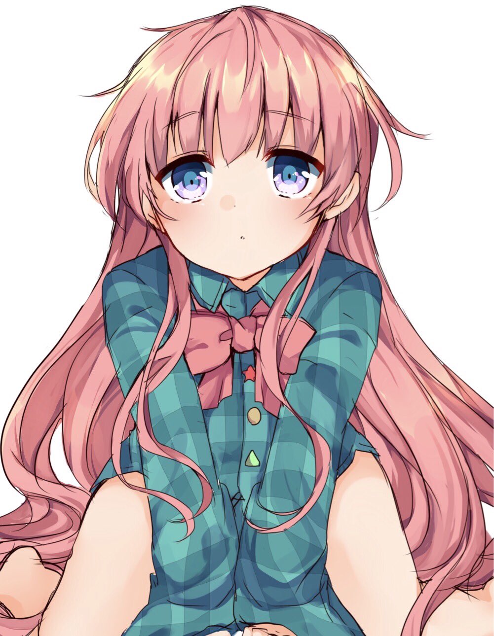 1girl bangs blue_shirt bow bowtie eyebrows_visible_through_hair hata_no_kokoro highres karasusou_nano leaning_forward long_hair long_sleeves looking_at_viewer multicolored multicolored_eyes no_pants parted_lips pink_bow pink_bowtie pink_hair plaid plaid_shirt shirt sidelocks simple_background solo star touhou very_long_hair white_background