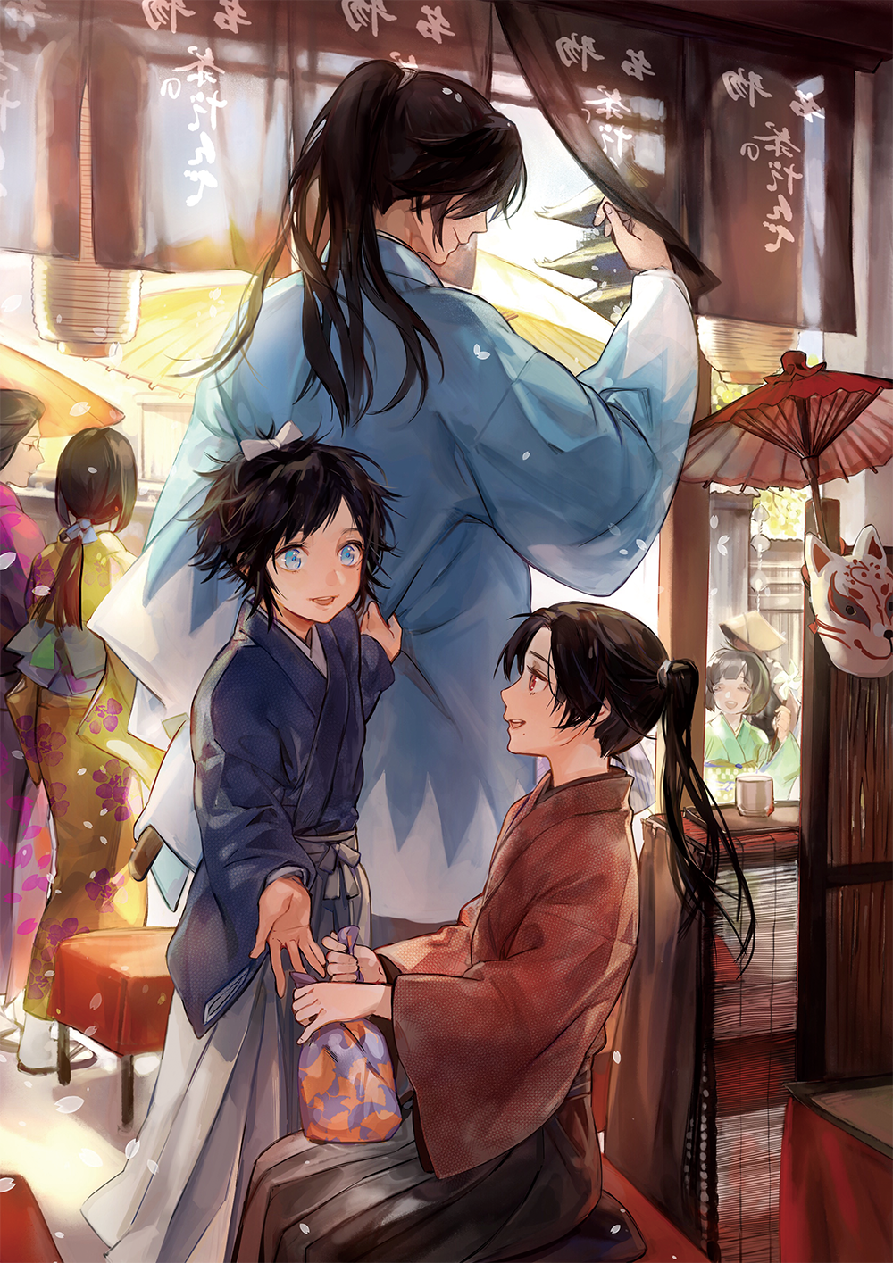 3girls 4boys black_hair blue_eyes brown_hair child fox_mask hakama haori highres japanese_clothes kashuu_kiyomitsu kimono lantern mask mole mole_under_eye mole_under_mouth multiple_boys multiple_girls noir_(ibaraki) okita_souji open_mouth oriental_umbrella paper_lantern petals ponytail red_eyes shinsengumi sitting smile touken_ranbu umbrella yamato-no-kami_yasusada younger