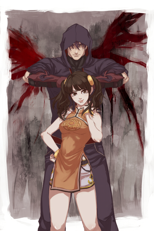 1boy 1girl black_hair bracelet chinese_clothes drill_hair gauntlets gloves hood hooded_jacket hoodie inuhiko_(istdog) jacket jewelry kazama_jin ling_xiaoyu muscle namco shorts tekken twin_drills twintails undershirt wing_print