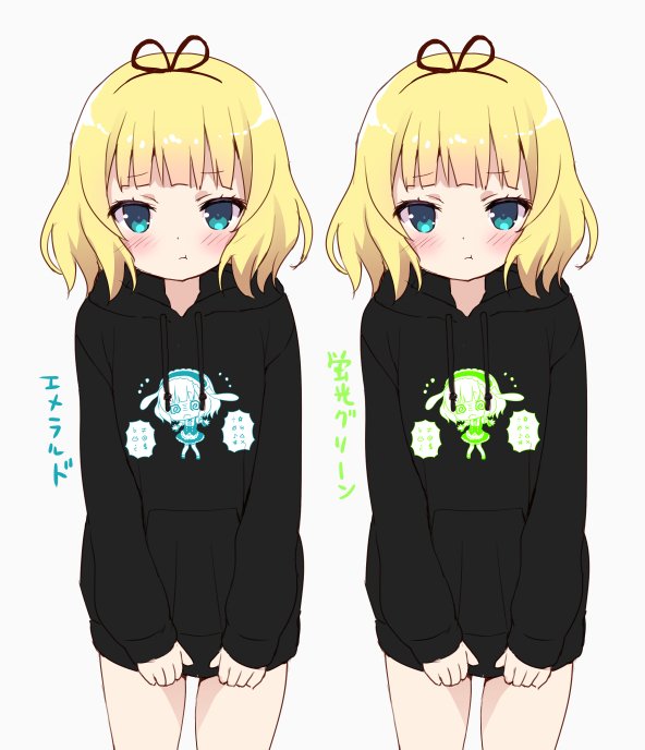 1girl bangs black_hoodie black_ribbon blonde_hair blue_eyes chitosezaka_suzu clothes_writing commentary_request cowboy_shot drawstring eyebrows_visible_through_hair gochuumon_wa_usagi_desu_ka? grey_background hair_ribbon hood hood_down hoodie hoodie_tug kirima_sharo long_sleeves ribbon simple_background sleeves_past_wrists translated variations