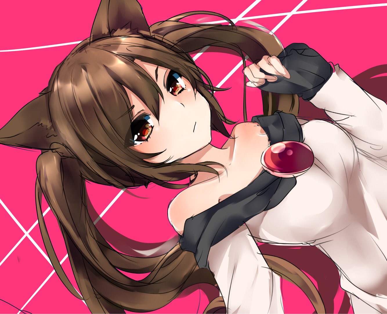 1girl alternate_hairstyle animal_ears bangs bare_shoulders brooch brown_eyes brown_hair closed_mouth dutch_angle eyebrows_visible_through_hair hair_between_eyes imaizumi_kagerou jewelry karasusou_nano long_hair looking_at_viewer pink_background sleeves_past_wrists solo touhou twintails upper_body wolf_ears