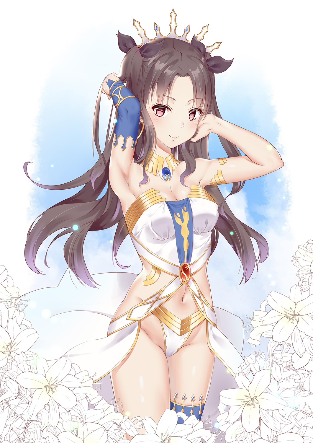 1girl armlet armor armpits bangs bare_shoulders black_bow blue_background blue_legwear blurry blurry_background blush bow breasts brown_hair cleavage closed_mouth cowboy_shot crown detached_collar dress earrings elbow_gloves elleco_(bcf159) eyebrows_visible_through_hair fate/grand_order fate_(series) flower gloves gradient gradient_background gradient_hair hair_bow hair_ribbon hand_in_hair hand_up highres hips hoop_earrings ishtar_(fate/grand_order) jewelry lily_(flower) long_hair looking_at_viewer medium_breasts midriff multicolored_hair navel no_panties parted_bangs pendant purple_hair red_eyes revealing_clothes ribbon shiny shiny_skin simple_background single_elbow_glove single_sleeve single_thighhigh smile solo stomach thigh-highs tiara tohsaka_rin twintails two_side_up waist waist_cape white_background white_dress