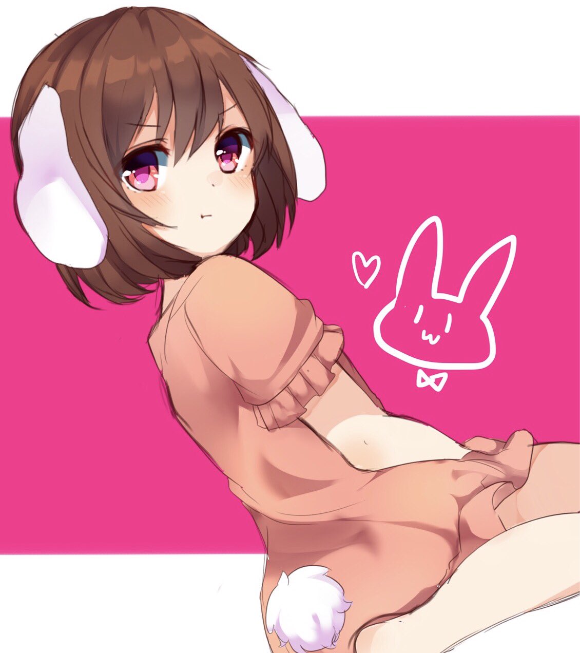 1girl animal_ears bangs blush brown_hair bunny_tail closed_mouth dress eyebrows_visible_through_hair from_side hair_between_eyes heart highres inaba_tewi karasusou_nano looking_at_viewer pink_dress pink_eyes rabbit_ears short_hair short_sleeves sitting solo tail touhou two-tone_background