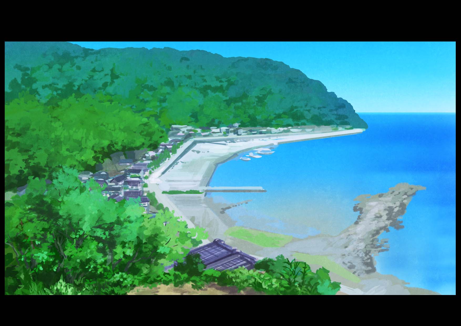 blue_sky boat city commentary_request day forest harbor highres hirota_(masasiv3) mountain nature no_humans ocean outdoors pier scenery shore sky watercraft