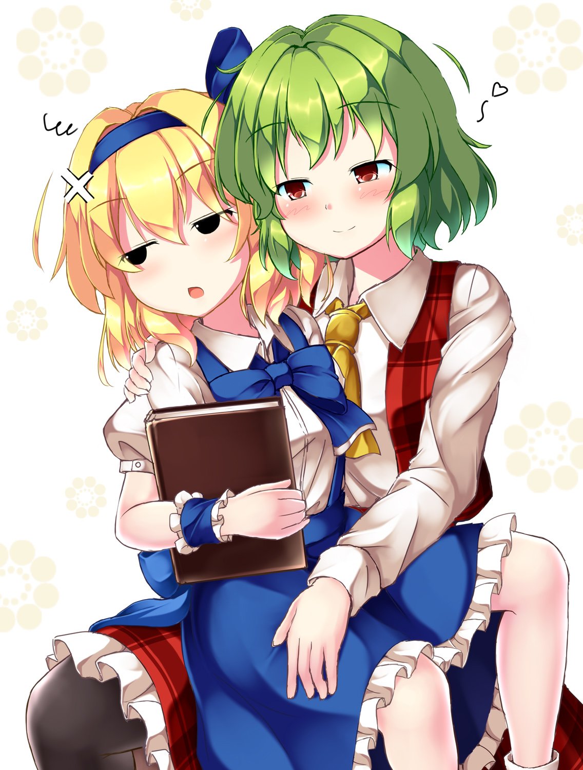 2girls aka_tawashi alice_margatroid anger_vein ascot bangs black_eyes black_legwear blonde_hair blue_bow blue_bowtie blue_skirt book bow bowtie brown_eyes closed_mouth collared_shirt commentary_request eyebrows_visible_through_hair green_hair hair_between_eyes hair_bow hair_intakes hand_on_another's_shoulder heart highres holding holding_book kazami_yuuka long_sleeves looking_away looking_to_the_side multiple_girls open_mouth pantyhose plaid plaid_skirt puffy_short_sleeves puffy_sleeves shirt short_hair short_sleeves sitting sitting_on_person skirt smile squiggle suspender_skirt suspenders touhou white_shirt wristband