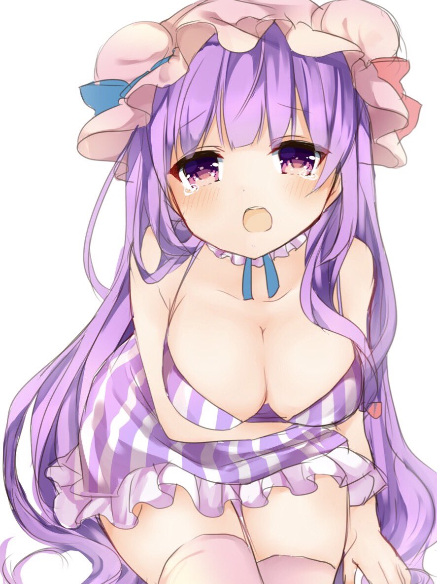 1girl bangs bare_arms blush breasts cleavage cowboy_shot dress eyebrows_visible_through_hair hat karasusou_nano long_hair looking_at_viewer medium_breasts mob_cap open_mouth patchouli_knowledge pink_hat pink_legwear purple_hair simple_background solo striped striped_dress tears thigh-highs touhou very_long_hair violet_eyes white_background zettai_ryouiki