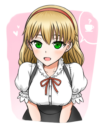 1girl :d blone_hair blush character_request coffee_mug copyright_request green_eyes hairbnad heart leaning_foward looking_at_viewer lowres open_mouth puffy_short_sleeves puffy_sleeves ribbon sawany short_sleeves smile solo