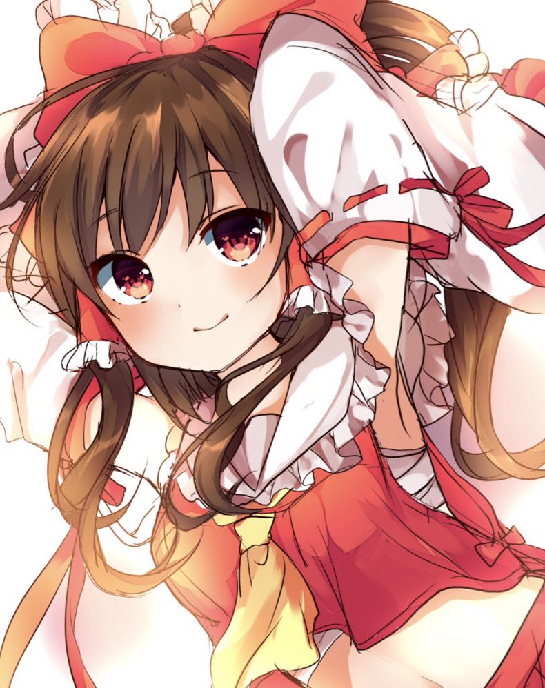 1girl armpits arms_up ascot bangs blush bow brown_hair closed_mouth detached_sleeves eyebrows_visible_through_hair hair_bow hair_tubes hakurei_reimu karasusou_nano looking_at_viewer midriff navel red_bow red_eyes ribbon-trimmed_sleeves ribbon_trim sarashi sidelocks smile solo touhou