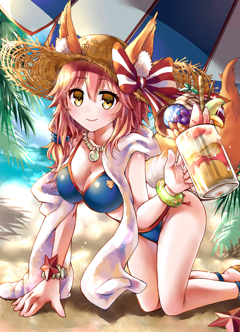 1girl animal_ears beach bikini blue_bikini blush breasts cleavage collarbone day ears_through_headwear fate/extra fate/grand_order fate_(series) food fox_ears fox_tail hat hat_ribbon large_breasts lei_(shizuiza) light_smile long_hair looking_at_viewer outdoors palm_tree palms pink_hair ribbon solo swimsuit tail tamamo_(fate)_(all) tamamo_no_mae_(swimsuit_lancer)_(fate) tree yellow_eyes