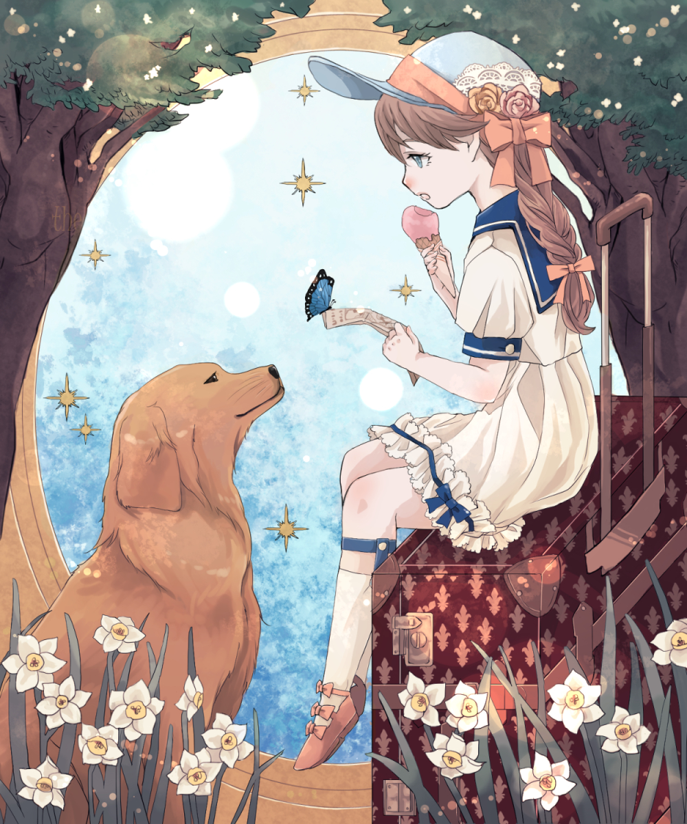 1girl arikawa_anri blue_background blue_eyes braided_ponytail brown_hair butterfly commentary daffodil dog dress fleur_de_lis flower food frilled_dress frills hat hat_ribbon highres ice_cream ice_cream_cone kneehighs long_hair looking_down newspaper open_mouth original profile ribbon sailor_dress shoes short_sleeves sitting solo sparkle suitcase thigh_strap tree white_legwear