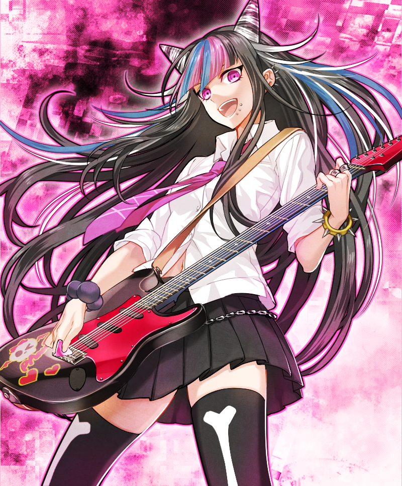 1girl :d black_hair black_legwear black_skirt bracelet dangan_ronpa floating_hair from_below guitar holding holding_instrument instrument jewelry long_hair looking_at_viewer minamibe miniskirt mioda_ibuki multicolored_hair navel necktie open_mouth piercing pink_eyes pleated_skirt purple_necktie ring shirt skirt smile solo standing super_dangan_ronpa_2 thigh-highs very_long_hair white_shirt zettai_ryouiki