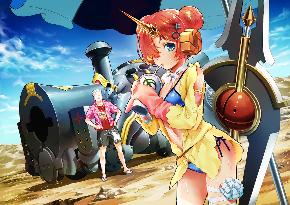 1boy 1girl armlet bandage beach_umbrella berserker_of_black bikini blue_bikini blue_eyes blue_sky bow charles_babbage_(fate/grand_order) clouds desert double_bun drinking drinking_straw fate/grand_order fate_(series) frankenstein's_monster_(swimsuit_saber)_(fate) glasses ground_vehicle hair_ornament hair_over_one_eye hands_on_hips horn james_moriarty_(fate/grand_order) jewelry looking_at_viewer navel necklace old_man pink_hair sand sandals short_hair shorts side-tie_bikini sky sweat swimsuit sword train umbrella weapon yorozu
